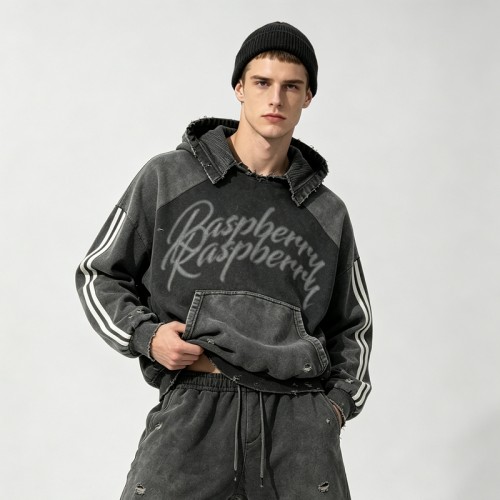 Vintage Washed Distressed Ripped Cropped Hoodie with DTG Print | Frayed Raw Edge | Custom Streetwear