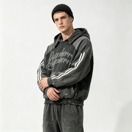 Vintage Washed Distressed Ripped Cropped Hoodie with DTG Print | Frayed Raw Edge | Custom Streetwear