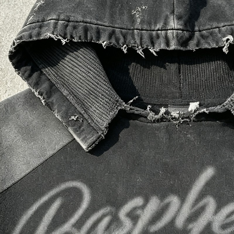 Vintage Washed Distressed Ripped Cropped Hoodie with DTG Print