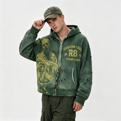 Distress Ripped Vintage Washed DTG Print Hoodie | Vintage Punk Streetwear | OEM Streetwear