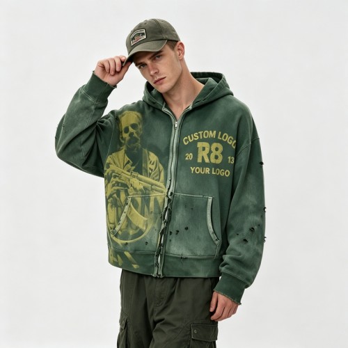 Distress Ripped Vintage Washed DTG Print Hoodie | Vintage Punk Streetwear | OEM Streetwear