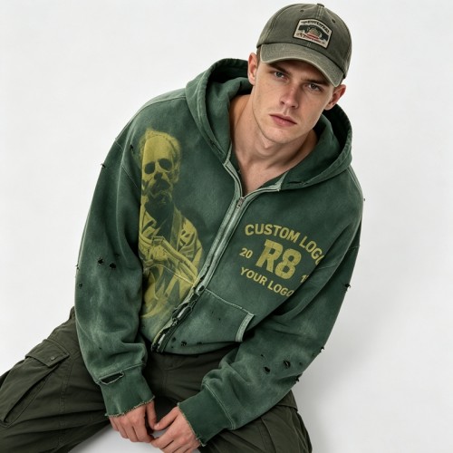 Distress Ripped Vintage Washed DTG Print Hoodie | Vintage Punk Streetwear | OEM Streetwear