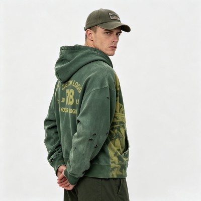 Distress Ripped Vintage Washed DTG Print Hoodie | Vintage Punk Streetwear | OEM Streetwear