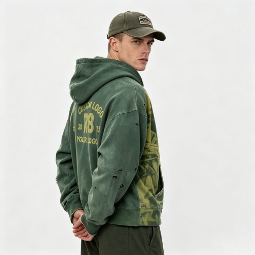 Distress Ripped Vintage Washed DTG Print Hoodie | Vintage Punk Streetwear | OEM Streetwear