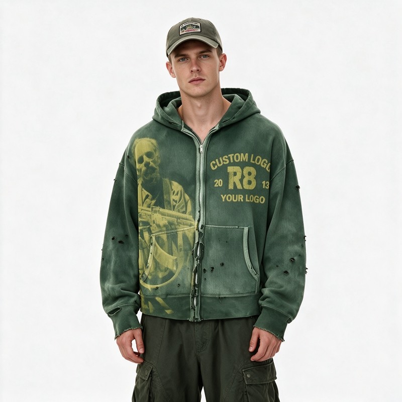 Distress Ripped Vintage Washed DTG Print Hoodie