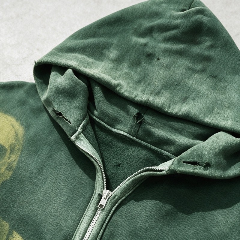 Distress Ripped Vintage Washed DTG Print Hoodie
