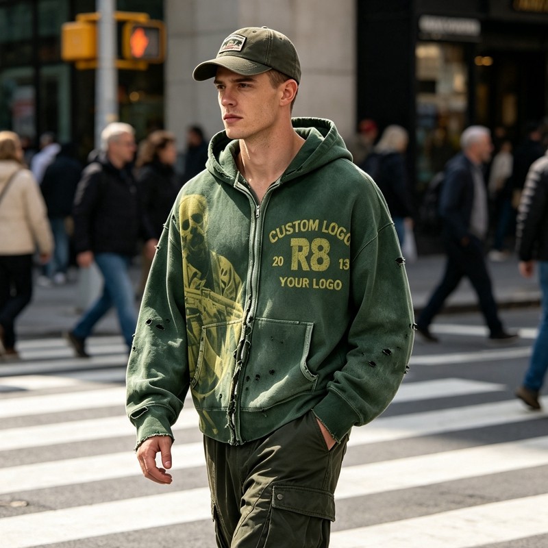Distress Ripped Vintage Washed DTG Print Hoodie