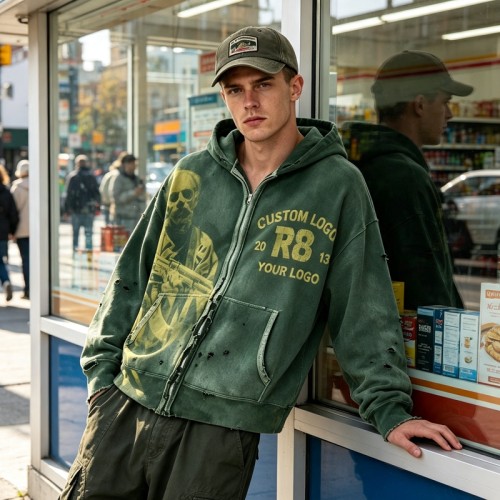 Distress Ripped Vintage Washed DTG Print Hoodie | Vintage Punk Streetwear | OEM Streetwear