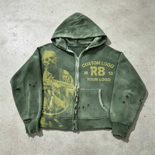 Distress Ripped Vintage Washed DTG Print Hoodie | Vintage Punk Streetwear | OEM Streetwear