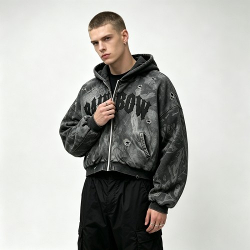 Acid Washed Ripped DTG Print Applique distress hoodie | Gothic Street Daily wear | Custom Streetwear