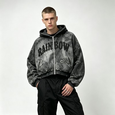 Acid Washed Ripped DTG Print Applique distress hoodie | Gothic Street Daily wear | Custom Streetwear