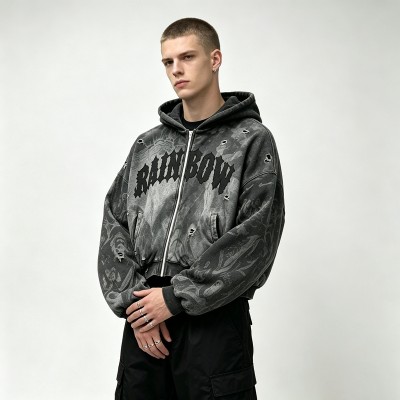 Acid Washed Ripped DTG Print Applique distress hoodie | Gothic Street Daily wear | Custom Streetwear