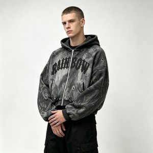 Acid Washed Ripped DTG Print Applique distress hoodie | Gothic Street Daily wear | Custom Streetwear