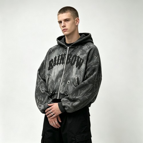 Acid Washed Ripped DTG Print Applique distress hoodie | Gothic Street Daily wear | Custom Streetwear