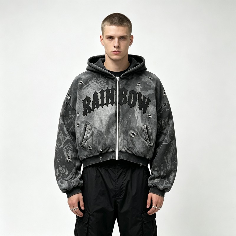 Acid Washed Ripped DTG Print Applique distress hoodie