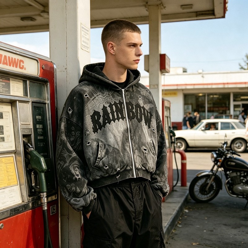 Acid Washed Ripped DTG Print Applique distress hoodie