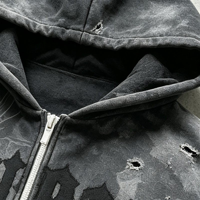 Acid Washed Ripped DTG Print Applique distress hoodie