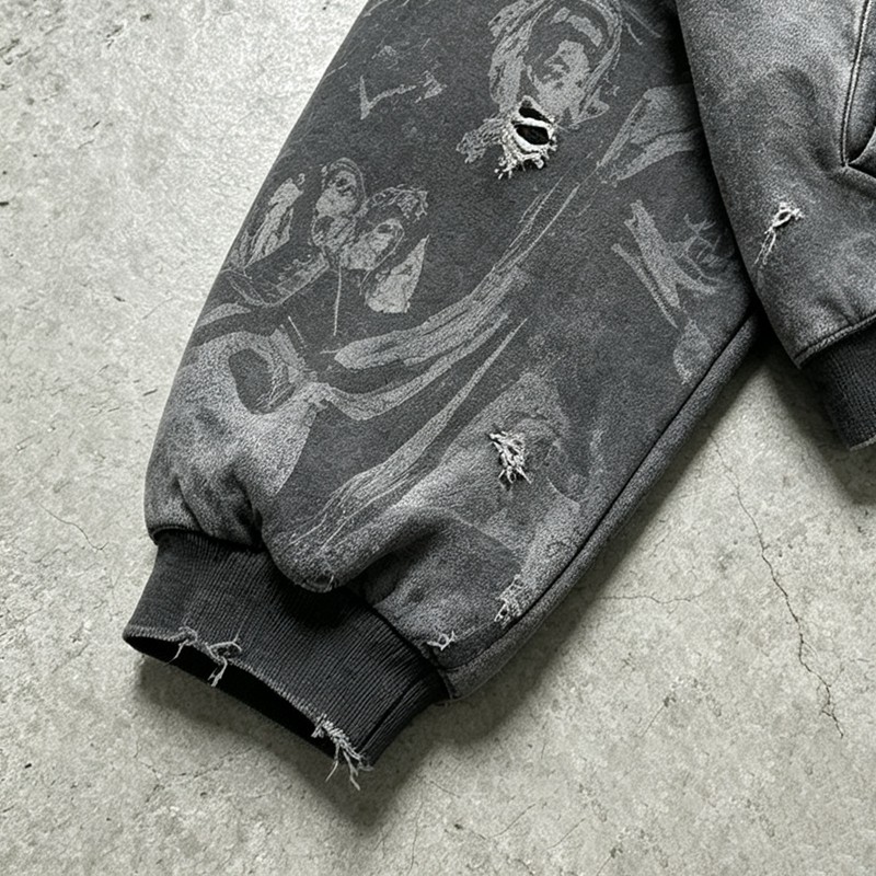 Acid Washed Ripped DTG Print Applique distress hoodie