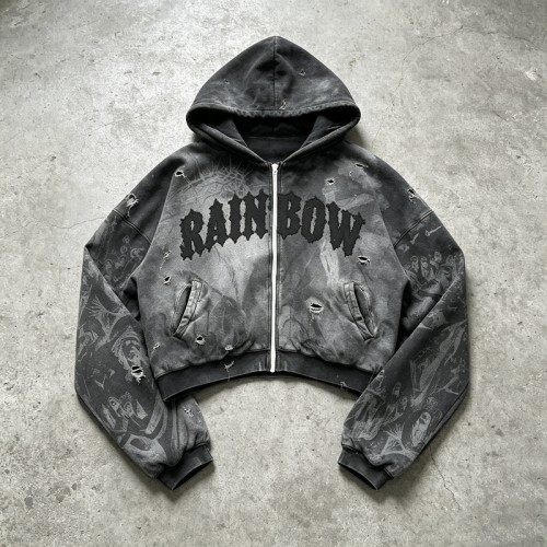 Acid Washed Ripped DTG Print Applique distress hoodie | Gothic Street Daily wear | Custom Streetwear