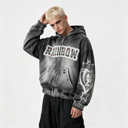 Distressed ripped Hoodie Vintage Washed Spray Dye Applique Rivet | Heavyweight Cotton Fleece | Custom Streetwear