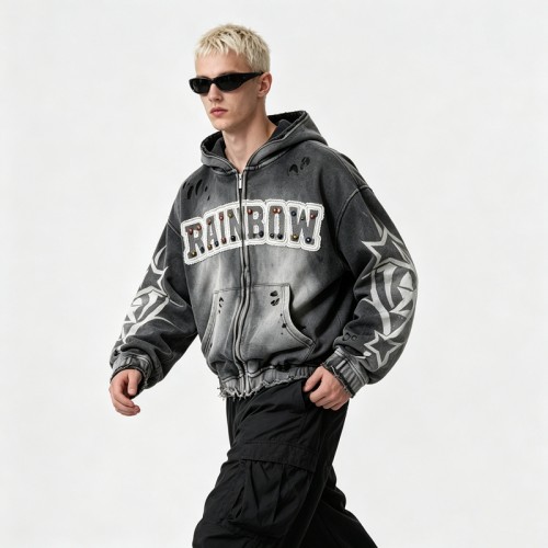 Distressed ripped Hoodie Vintage Washed Spray Dye Applique Rivet | Heavyweight Cotton Fleece | Custom Streetwear