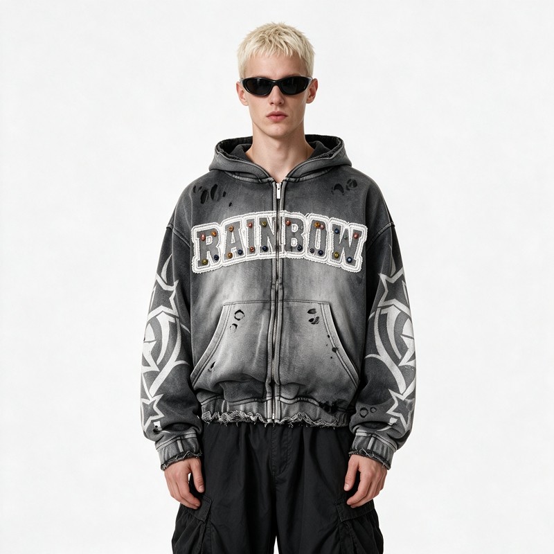 Distressed ripped Hoodie Vintage Washed Spray Dye Applique Rivet