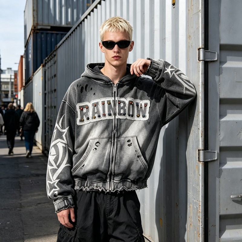 Distressed ripped Hoodie Vintage Washed Spray Dye Applique Rivet