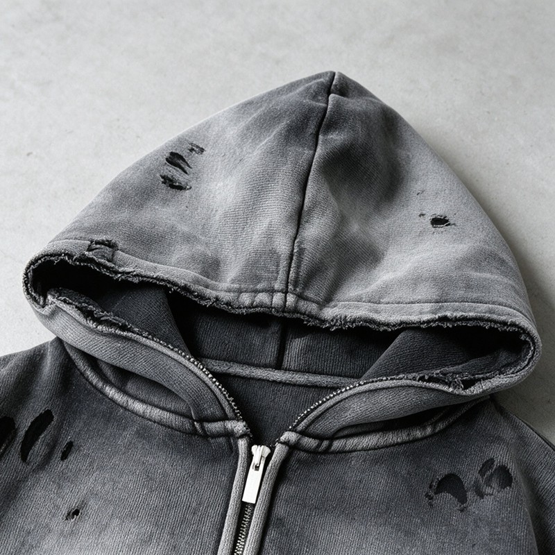 Distressed ripped Hoodie Vintage Washed Spray Dye Applique Rivet