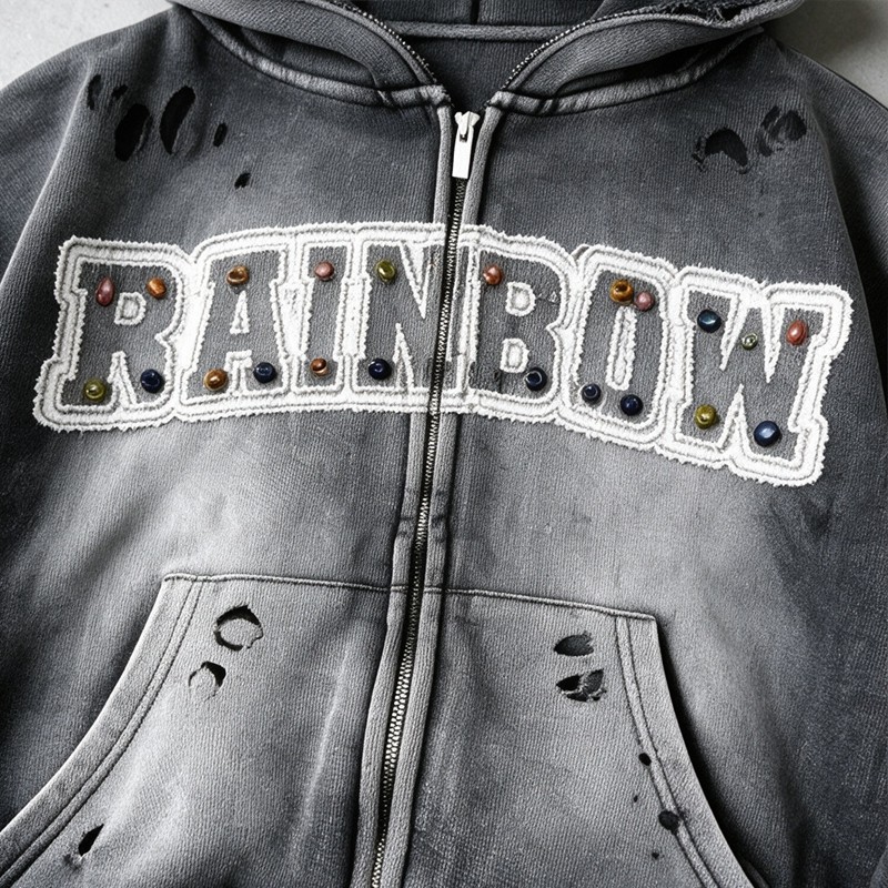 Distressed ripped Hoodie Vintage Washed Spray Dye Applique Rivet