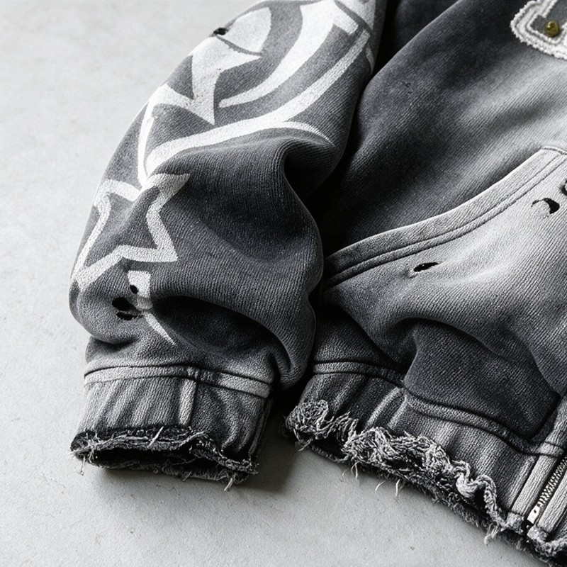 Distressed ripped Hoodie Vintage Washed Spray Dye Applique Rivet