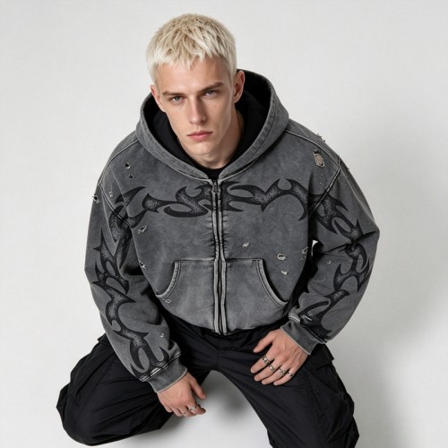 Vintage Washed Ripped Tribal DTG Print distress hoodie | Y2K Gothic Streetwear | OEM Streetwear