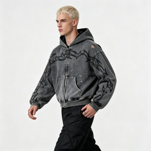 Vintage Washed Ripped Tribal DTG Print distress hoodie | Y2K Gothic Streetwear | OEM Streetwear