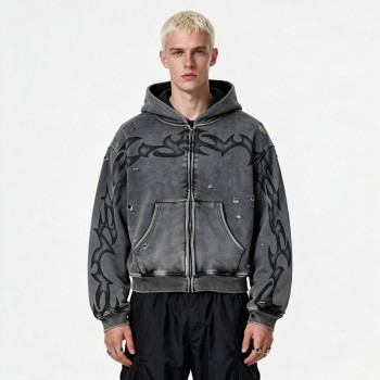 Vintage Washed Ripped Tribal DTG Print distress hoodie | Y2K Gothic Streetwear | OEM Streetwear
