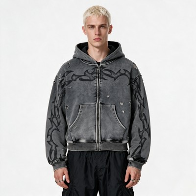 Vintage Washed Ripped Tribal DTG Print distress hoodie | Y2K Gothic Streetwear | OEM Streetwear