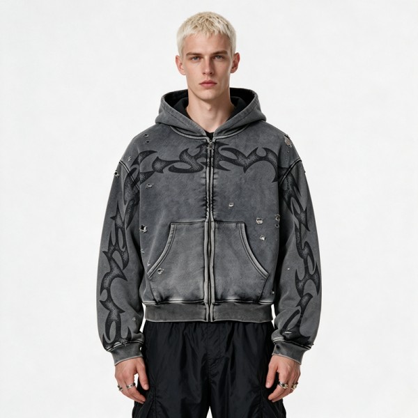 Vintage Washed Ripped Tribal DTG Print distress hoodie | Y2K Gothic Streetwear | OEM Streetwear
