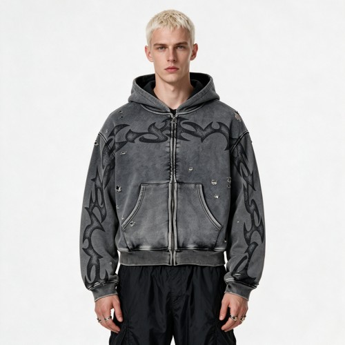 Vintage Washed Ripped Tribal DTG Print distress hoodie | Y2K Gothic Streetwear | OEM Streetwear