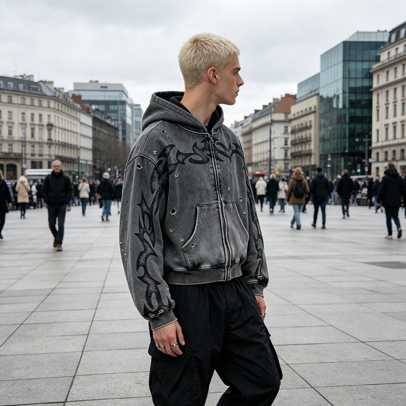 Vintage Washed Ripped Tribal DTG Print distress hoodie