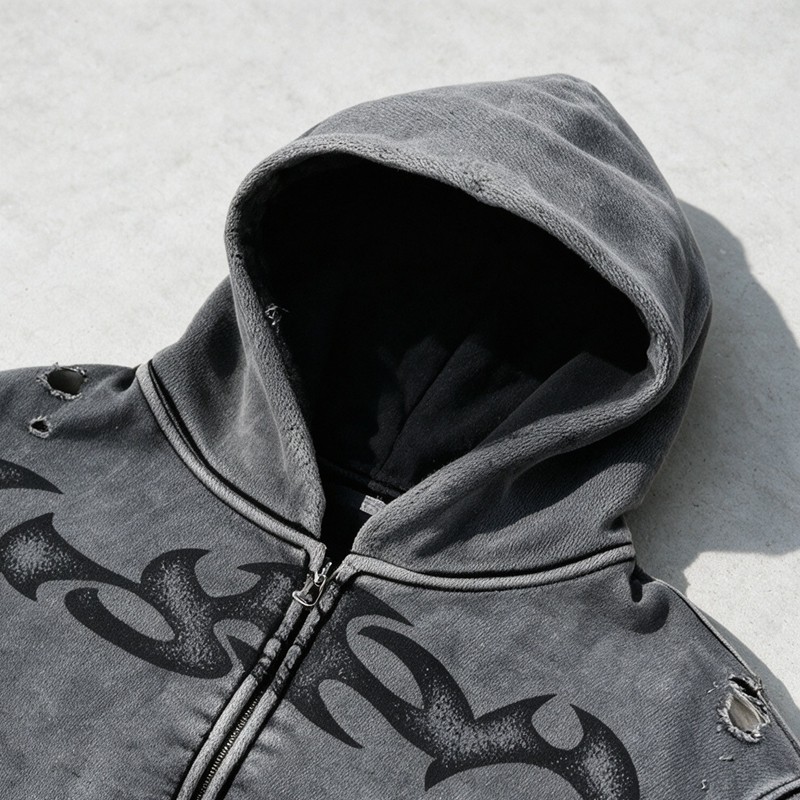 Vintage Washed Ripped Tribal DTG Print distress hoodie
