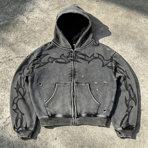 Vintage Washed Ripped Tribal DTG Print distress hoodie | Y2K Gothic Streetwear | OEM Streetwear