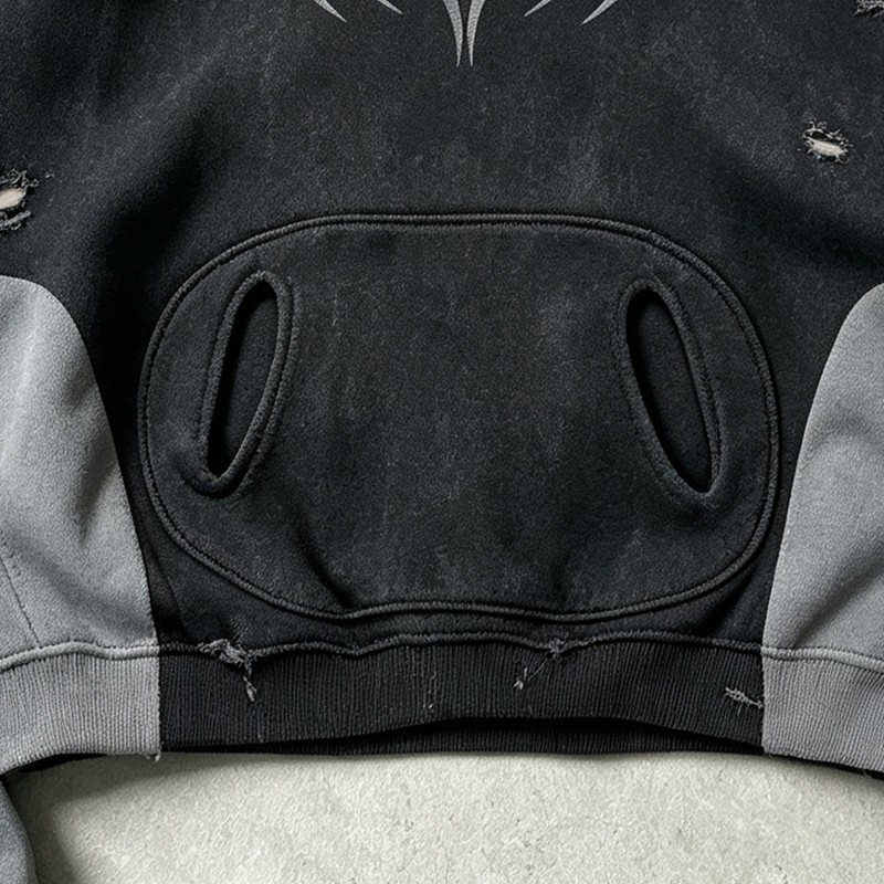 Vintage Washed Ripped Tribal Screen Print Cropped Distress Hoodie