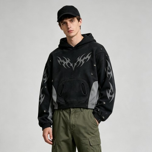 Vintage Washed Ripped Tribal Screen Print Cropped Distress Hoodie | Color Block Hooded Sweatshirt | Gothic Y2K Streetwear | Custom Streetwear