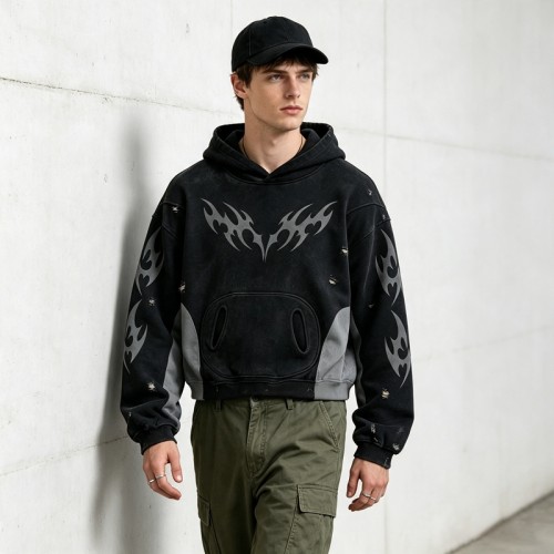 Vintage Washed Ripped Tribal Screen Print Cropped Distress Hoodie | Color Block Hooded Sweatshirt | Gothic Y2K Streetwear | Custom Streetwear