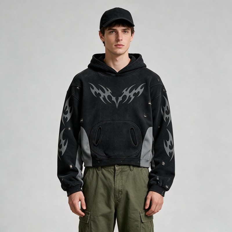 Vintage Washed Ripped Tribal Screen Print Cropped Distress Hoodie