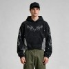 Vintage Washed Ripped Tribal Screen Print Cropped Distress Hoodie | Color Block Hooded Sweatshirt | Gothic Y2K Streetwear | Custom Streetwear