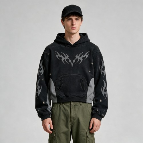 Vintage Washed Ripped Tribal Screen Print Cropped Distress Hoodie | Color Block Hooded Sweatshirt | Gothic Y2K Streetwear | Custom Streetwear