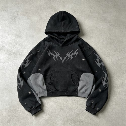 Vintage Washed Ripped Tribal Screen Print Cropped Distress Hoodie | Color Block Hooded Sweatshirt | Gothic Y2K Streetwear | Custom Streetwear