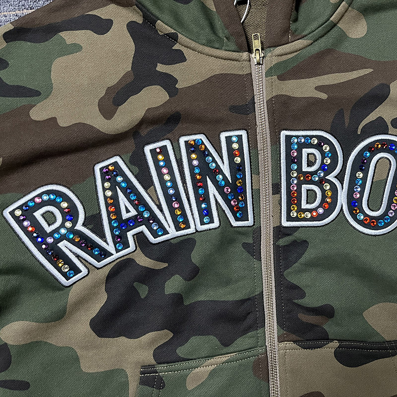 Applique Camouflage Zip Up Hoodie with Colorful Rhinestone 