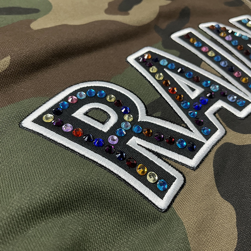 Applique Camouflage Zip Up Hoodie with Colorful Rhinestone 
