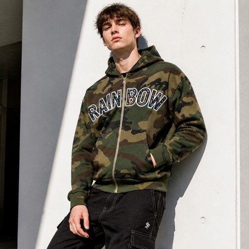 Applique Camouflage Zip Up Hoodie with Colorful Rhinestone | Y2K hip hop streetwear | Clothing Manufacturer