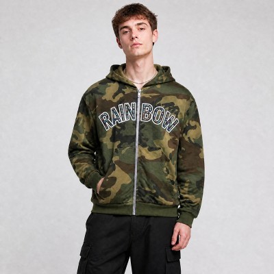 Applique Camouflage Zip Up Hoodie with Colorful Rhinestone | Y2K hip hop streetwear | Clothing Manufacturer